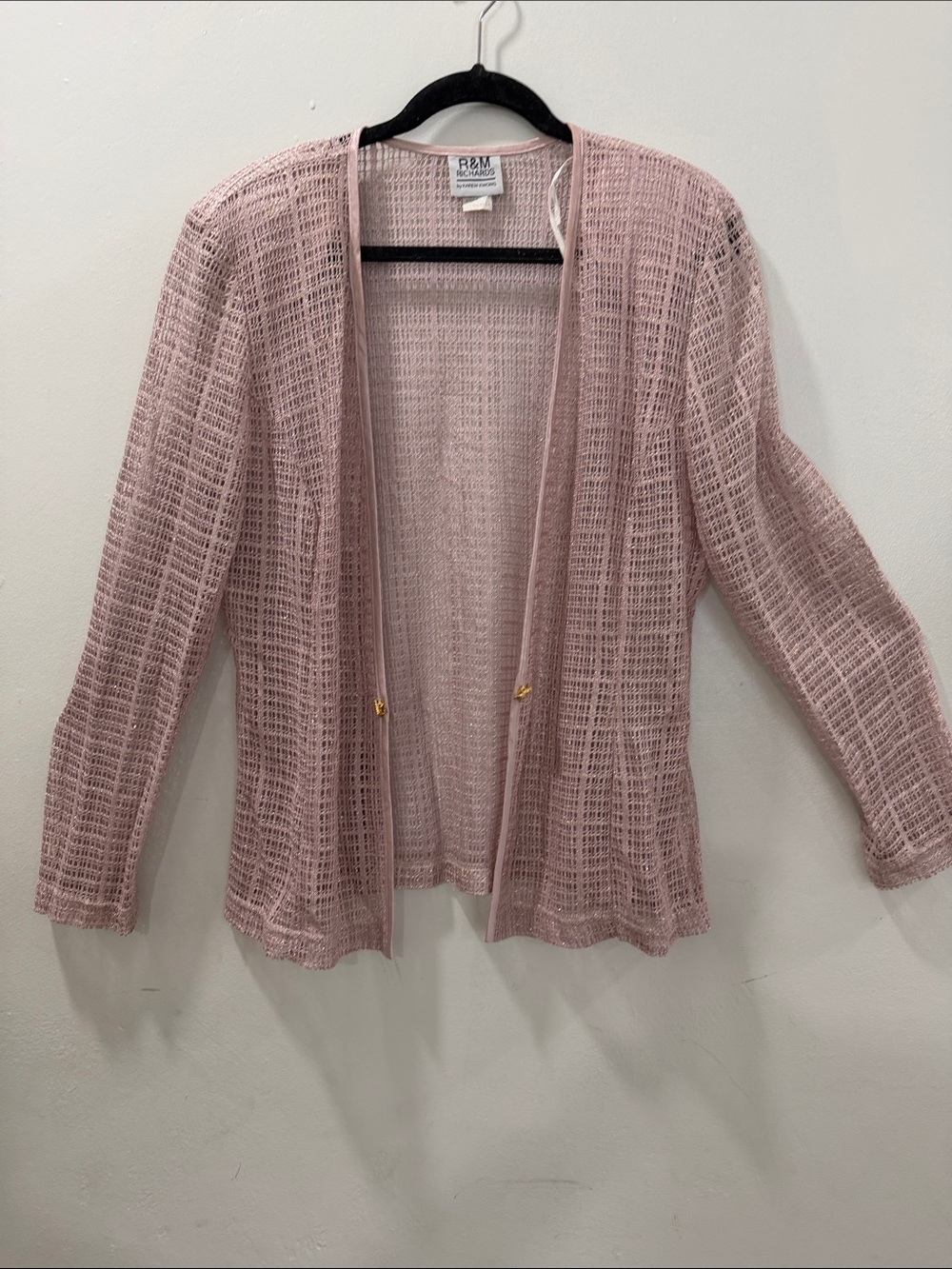 R&M Richards Light Pink Open Weave Cardigan Sweater Gold Accents M